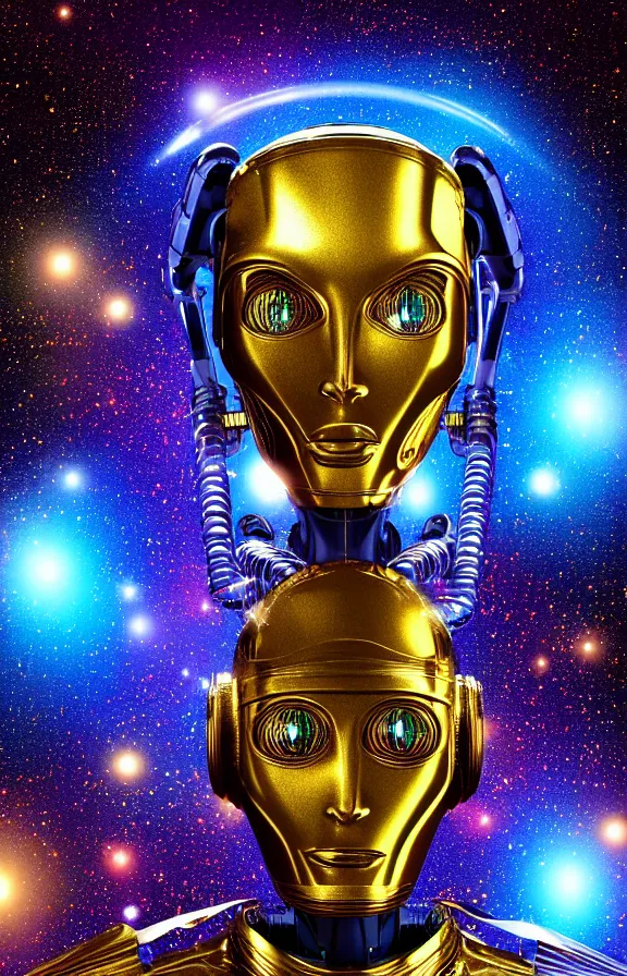 Prompt: portrait of a robot humanoid alien with golden armature, holographic face and medieval helmet. Galactic iridescent background in the style of Tim white and moebius