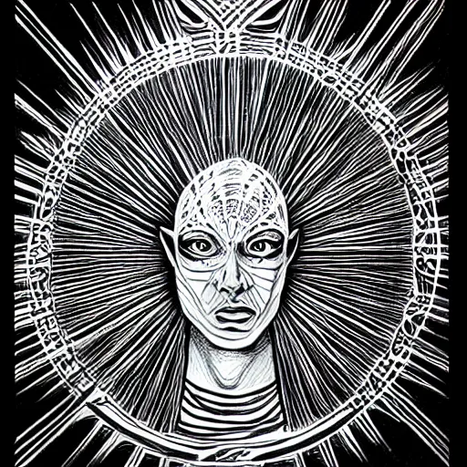 Prompt: an alex grey drawing, micron pen, black ink, a portal to another dimension, portrait