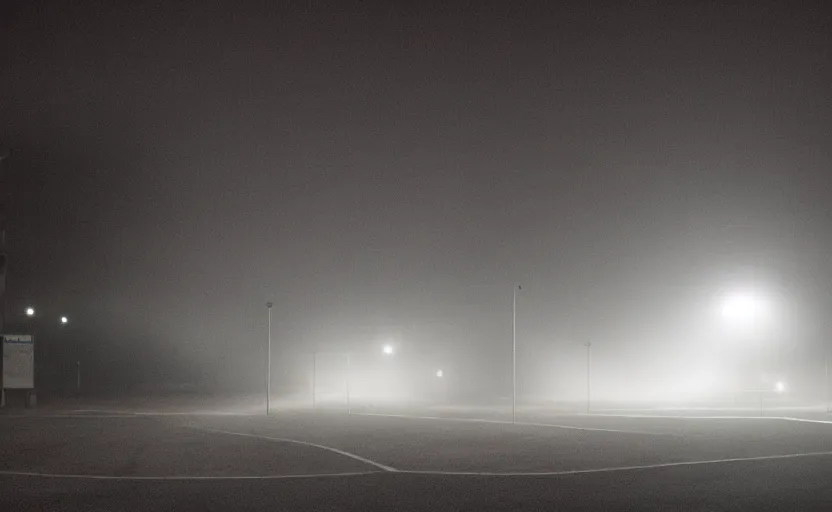 Prompt: Parking lot at night filled with fog, volumetric lighting, eerie, sdf