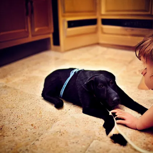 Image similar to Photo of my stupid niece laying in the kitchen floor playing with a string on her hoodie, next to a black dog, HDR, 4k, 8k, photo, early 2000s