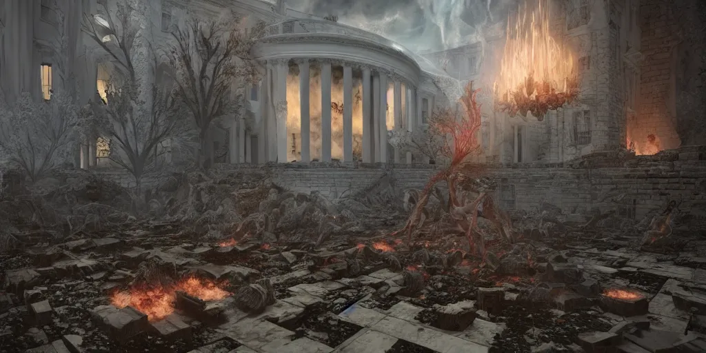 Image similar to coven of beautiful witches exploring scorched ruins of the white house in washington dc, 3 d render, hyper realistic, ultra detailed, ruan jia, peter morbacher, wlop, scifi, fantasy, magic the gathering, hyper detailed, octane render, concept art, 8 k