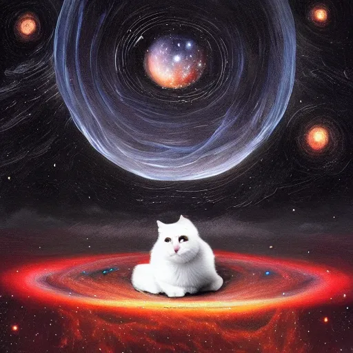 Prompt: a painting of a black and white cat in a cosmic scenic environment by steve argyle, hyperdetailed, beautiful, stars, planets, nebula, trending on artstation