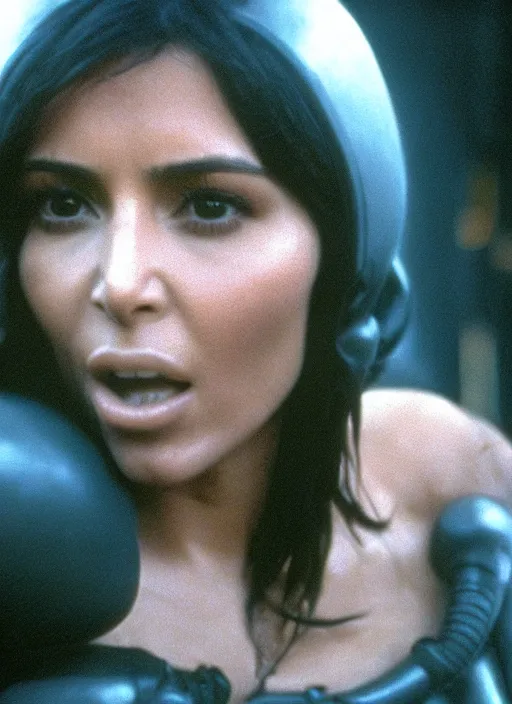 Image similar to film still of kim kardashian in the movie Alien, xenomorph holding kim in a chokehold, unconscious, cinematic shot, 4k.