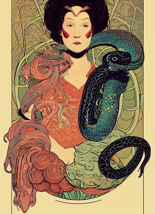 Image similar to an art nouveau illustration of a futuristic girl holding a snake by victo ngai, kilian eng, john berkey and norman rockwell