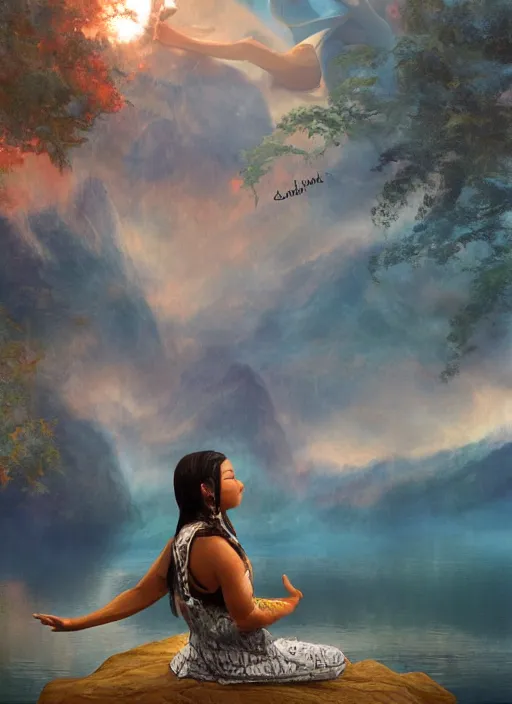 Prompt: surrender, letting go, indigenous woman relaxing, matte painting, fantasy art