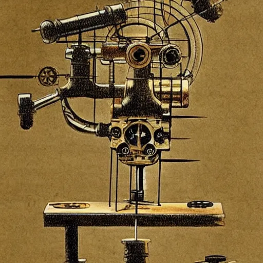 Image similar to schematic of a steampunk physics apparatus, by Leonardo Da Vinci