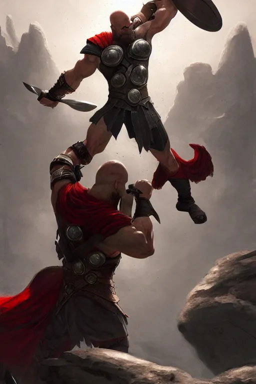 Prompt: kratos fighting thor, highly detailed, digital painting, artstation, concept art, smooth, sharp focus, illustration, unreal engine, 8 k, art by artgerm and greg rutkowski and edgar maxence