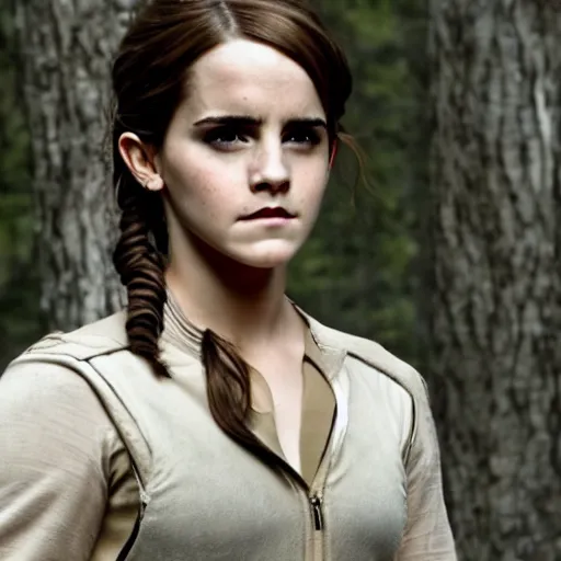 Image similar to emma watson in hunger games, full body shot, highly - detailed, sharp focus, award - winning