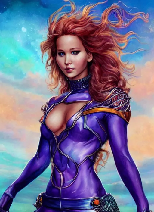 Image similar to front portrait hands behind body pose of attractive Jennifer Lawrence as Starfire with ginger wavy hair, hands behind her body pose!, Intricate overlay flames imagery , D&D!, fantasy style, sharp focus!, ultra detailed, art by Artgerm and Peter Andrew Jones, WLUP