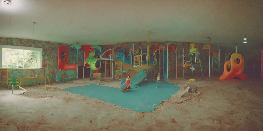 Image similar to a weird place, house, playground, office, pool, interior, room with eerie feeling, disposable colored camera, camera flash, unusual place, unsettling, kids place