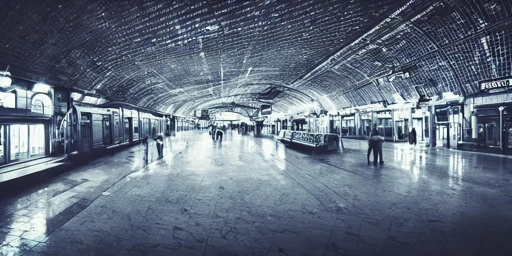 Image similar to train station in space, nostalgic atmosphere, photo, neon lights