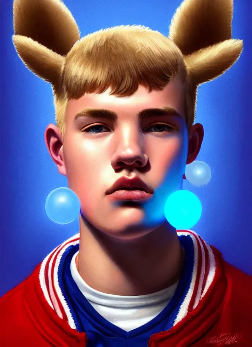 Image similar to portrait of high school senior boy named big moose, blonde short hair, jock, beefy, wide face, square jaw, square facial structure, blue varsity jacket with letter r, intricate, elegant, glowing lights, highly detailed, digital painting, artstation, concept art, sharp focus, illustration, art by wlop, mars ravelo and greg rutkowski