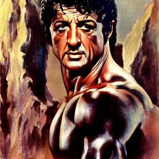 Prompt: stallone goddess perfect face coherent by frank frazetta