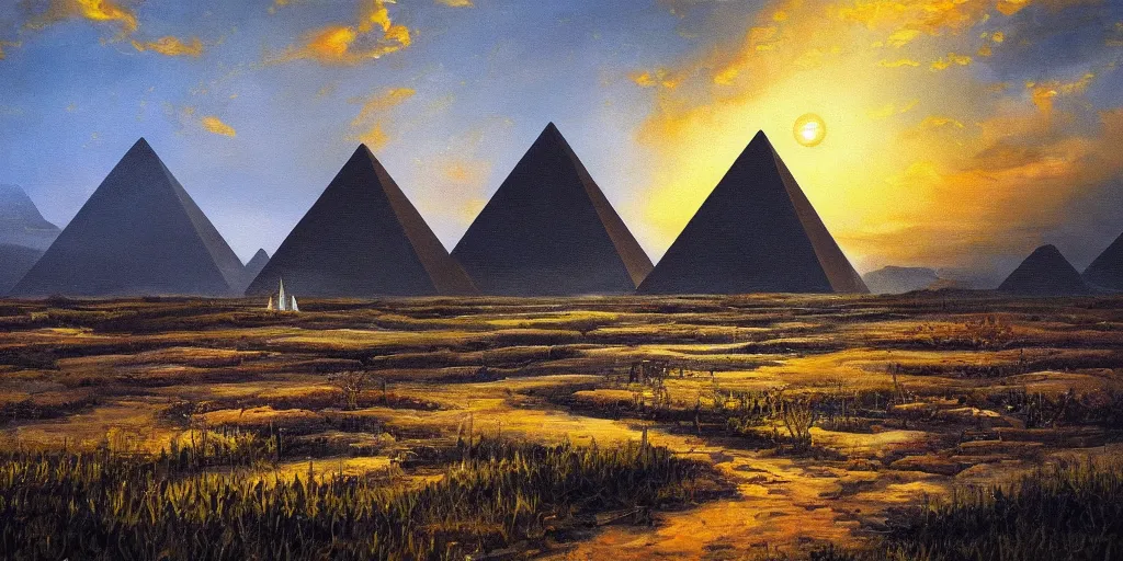 Image similar to a beautiful painting of a pyramide in a serene landscape, atompunk