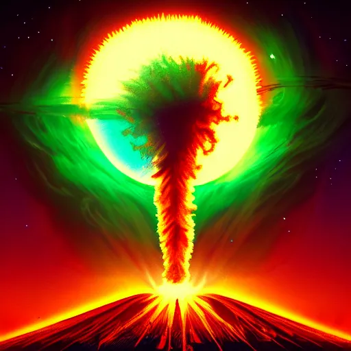 Prompt: nuclear explosion, epic retrowave art, trending on art station