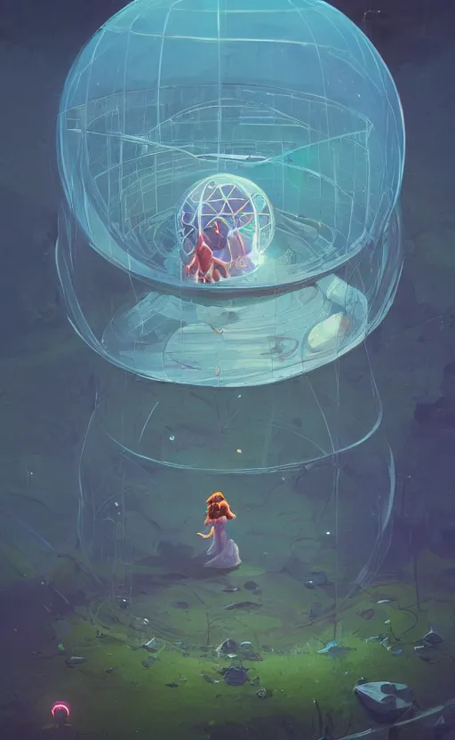 Image similar to a young and powerful goddess trapped in a dome, bubble, prisoner, panicking, lightning, energy bursts, highly detailed, digital painting, artstation, concept art, sharp focus, cinematic lighting, illustration, painted by Simon Stalenhag, cgsociety