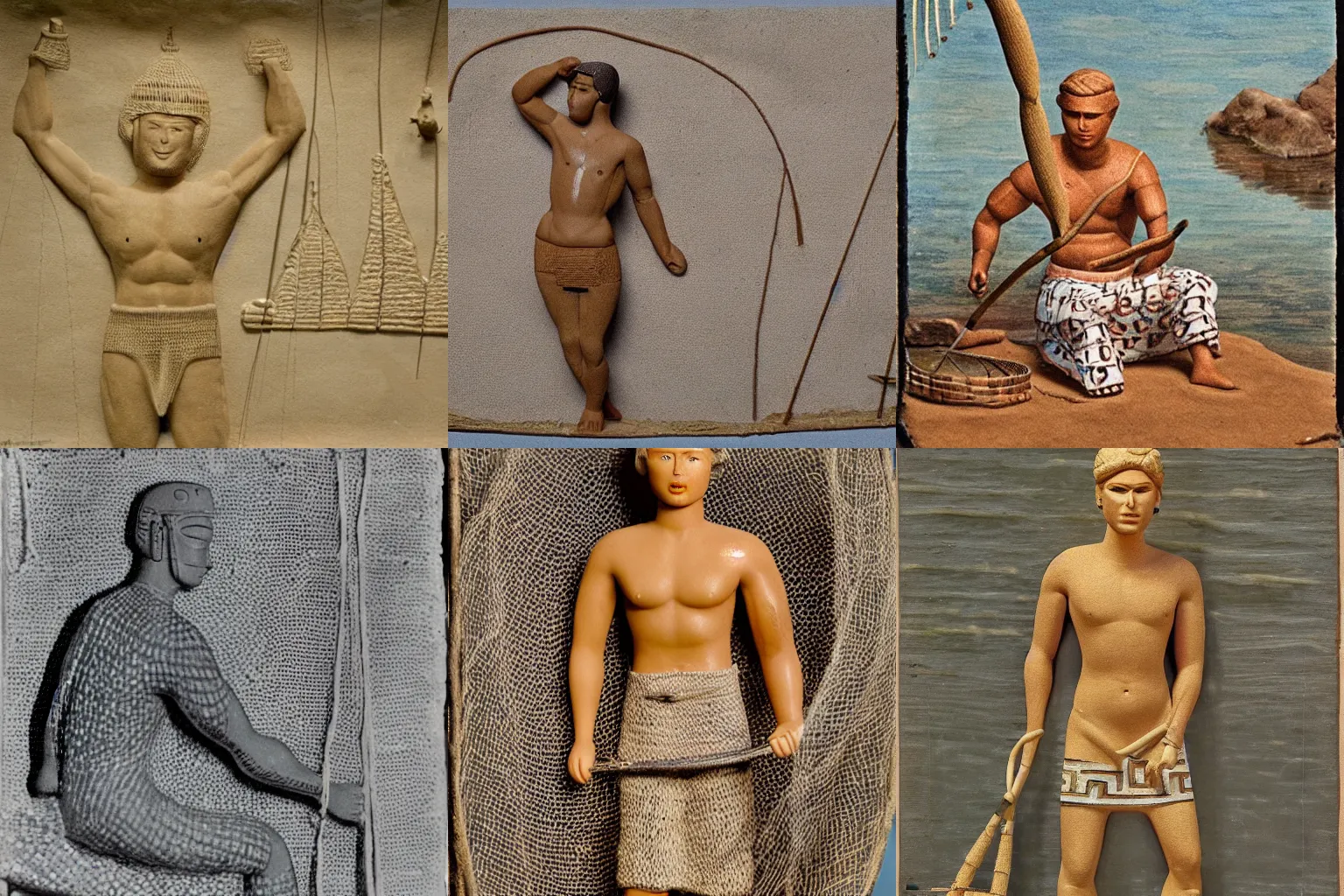 Prompt: ken doll, art of a fisherman, making a net by a lake, art in the style of Mesopotamia 3500 BCE, stonework