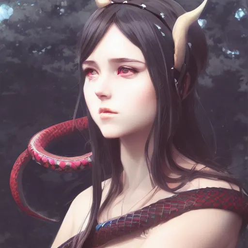 Prompt: a beautiful anime girl wtih demon horns and snake tails,full body portrait,by Greg Rutkowski and Ilya Kuvshinov and william waterhouse,super clear detailed,hyper realistic,trending on artstation,8k