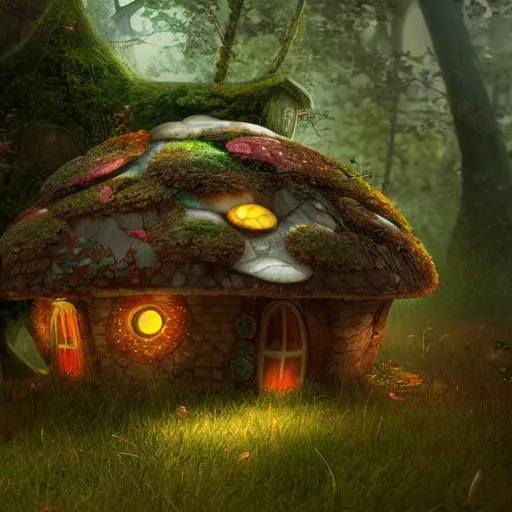 Prompt: a fairy mushroom house village, misty forest, fantasy, arnold render, trending on artstation, cgsociety