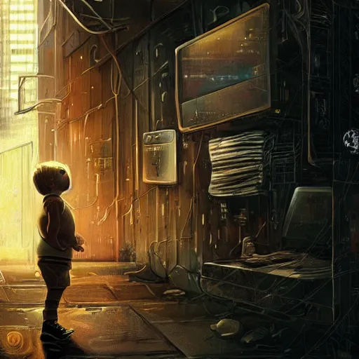 Prompt: a small blonde child staring up at a wall mural in an impoverished sci-fi cyberpunk tenement violent dirty alley, science fiction, illustration,