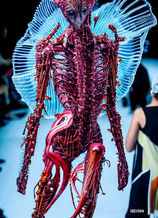 Image similar to walking down the catwalk, ben watts, show, stage, vogue photo, podium, fashion show photo, iris van herpen, beautiful woman, full body shot, helmet on face, masterpiece, plant predator, guyver, jellyfish, biomechanical details, movie still, fauvism, cinestill, bokeh, gelios lens