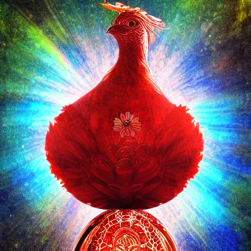 Image similar to the solarpunk phoenix, red bird, ornate egg, regeneration, landscape, epic composition, volumetric light, bokeh, inspired by monet and by alphonse mucha