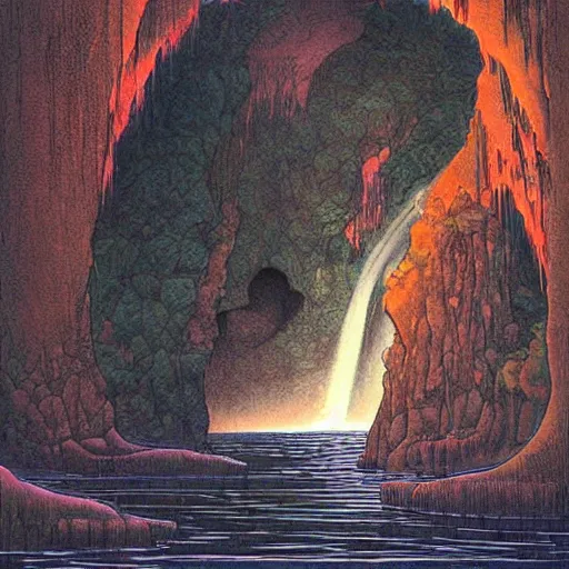 Prompt: a beautiful painting of a large cavern filled with mystical magic and waterfalls by moebius