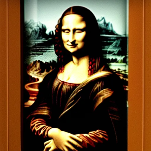 Prompt: ring doorbell video of mona lisa knocking my door, dark lighting