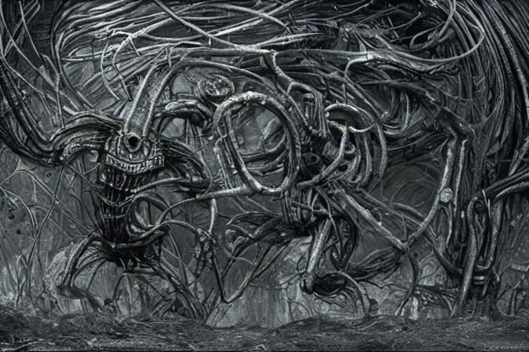 Image similar to ring wraith sniffing the ground, movie still, ultra realism, very detailed, style of h. r. giger