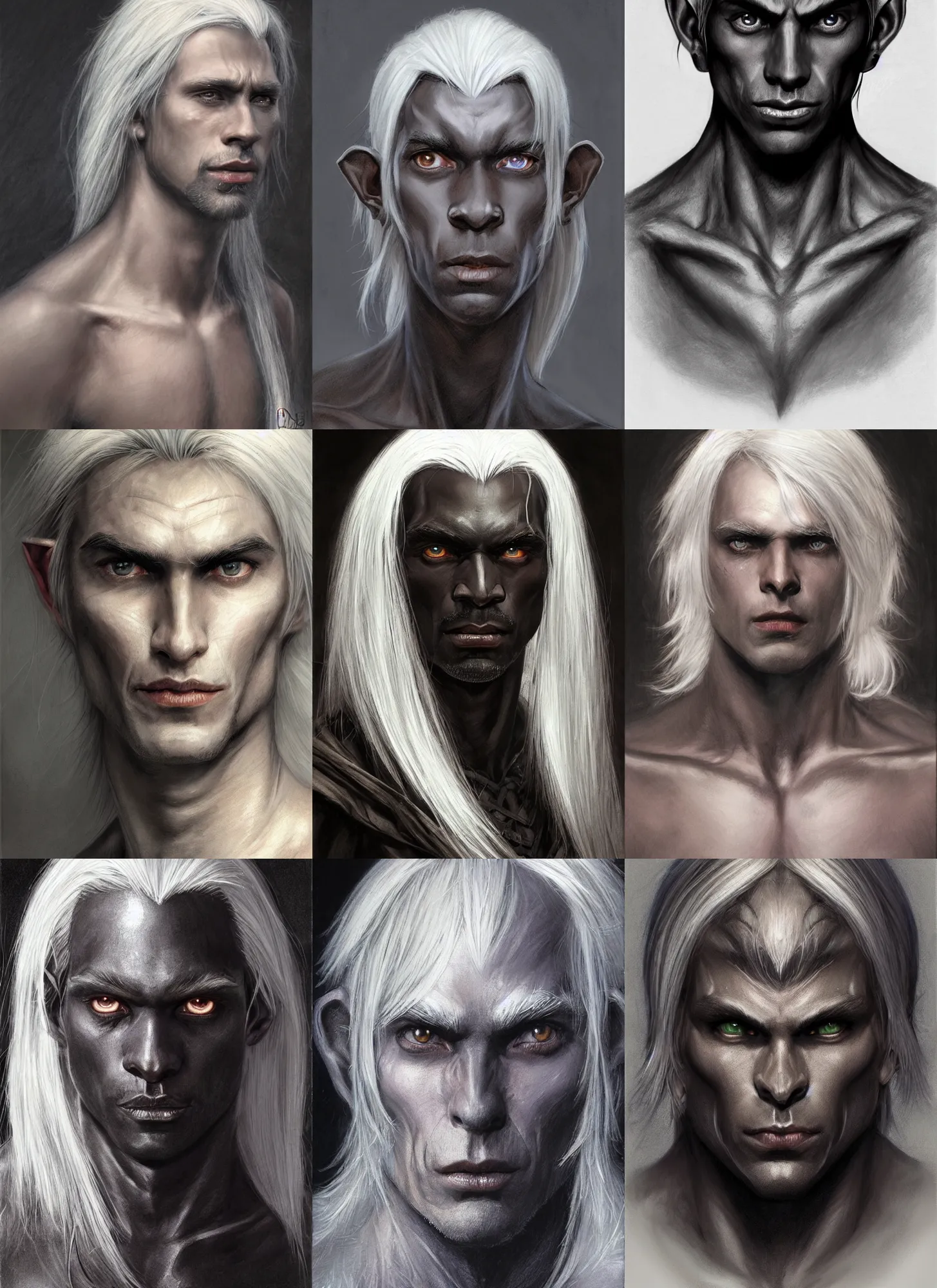 Prompt: a head portrait of a dark drow elf male, medium length white hair, charcoal skin, smooth skin, young adult in with late twenties, happy, pointed chin, charcoal color skin, curious, style by donato giancola, wayne reynolds, jeff easley dramatic light, high detail, cinematic lighting, artstation, dungeons and dragons