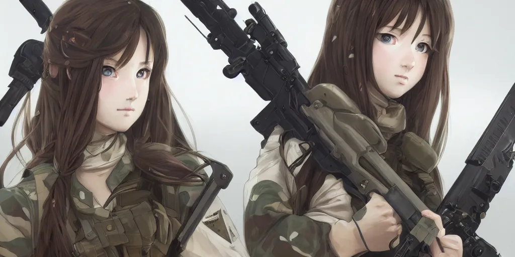 Prompt: infantry girl, anime style, long hair, hair down, symmetrical facial features, from girls frontline, hyper realistic, pale skin, 4 k, rule of thirds, extreme detail, detailed drawing, trending artstation, hd, special forces, d & d, by alphonse mucha, greg rutkowski, sharp focus, backlit