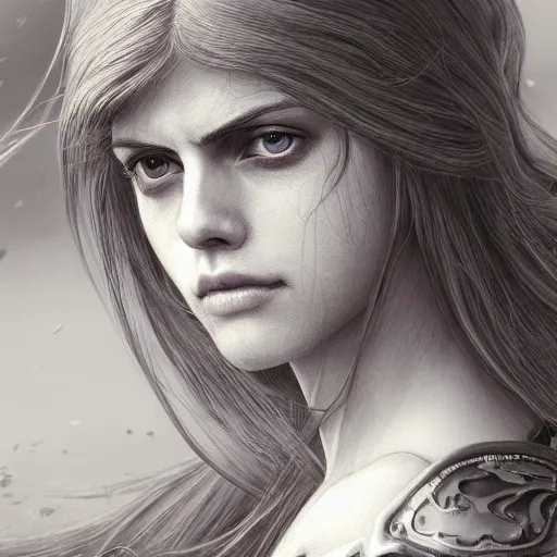 Image similar to alexandra daddario as a long - red - haired female knight as an absurdly beautiful, elegant, young sensual anime girl,, ultrafine hyperrealistic detailed face illustration by kim jung gi, irakli nadar, intricate linework, sharp focus, bright colors, matte, final fantasy, unreal engine highly rendered, global illumination, radiant light, intricate environment