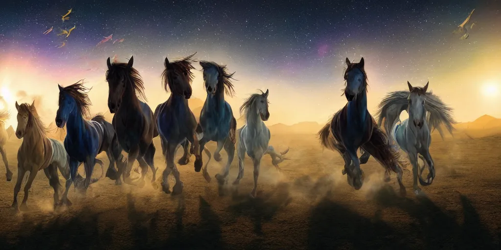 Image similar to a group of cyan spectral horse - riders fly overhead in the starry twilight sky, high detail, sharp, digital art