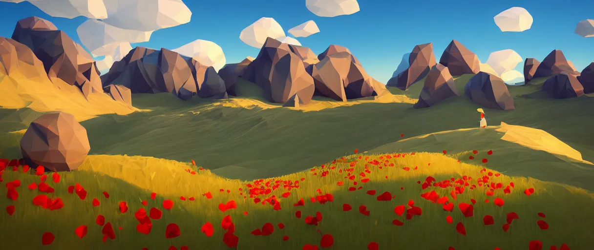 Image similar to 3 d render, mountain landscape, digital art, low poly art, minimalist, poppy, journey game, lowpoly landscape, particles floating, unreal engine, dreamy, brush strokes, bounce light, sunny, complementary palette, redsinski