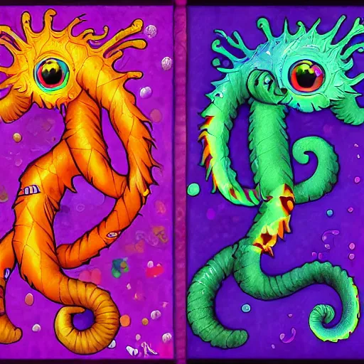Prompt: autistic bisexual cat seahorse shapeshifter with a long tail, long haired humanoid weirdcore voidpunk fursona, detailed coherent painterly full body character design digital art by william joyce, delphin enjolras, wlop, louis wain, lisa frank, furaffinity, cgsociety, trending on deviantart