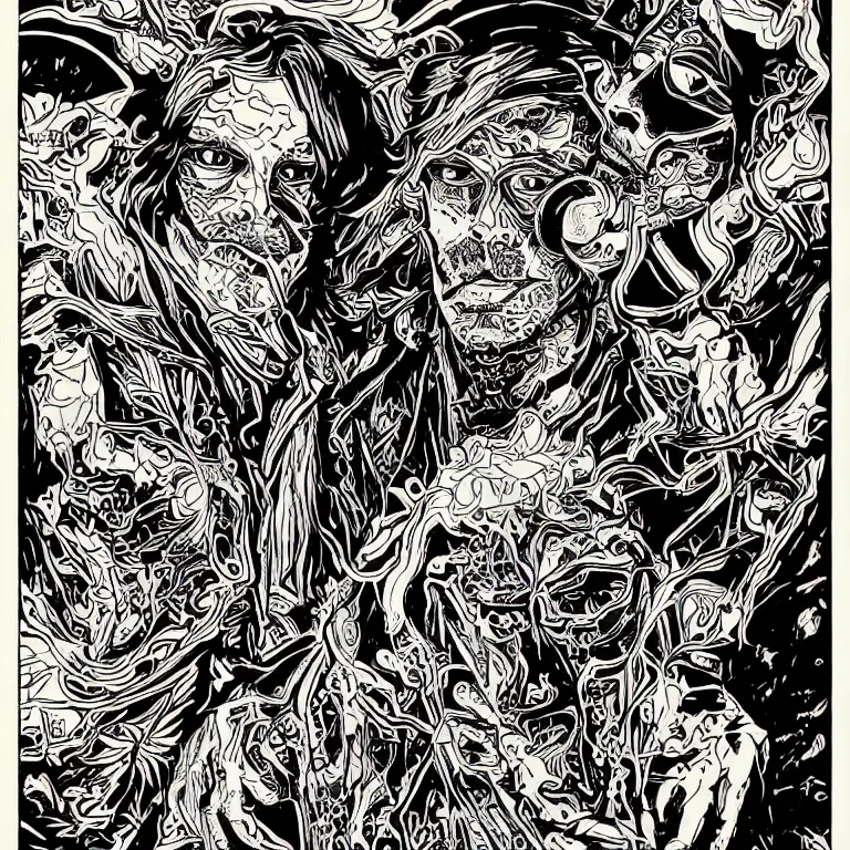 Prompt: beautiful colorful hyperrealist highly detailed psychedelic blacklight poster'zombie darryl hall and john oates ', psychedelic art nouveau, beautiful high contrast colored wood engraving, moebius comic style, shocking detail trending on artstation 8 k