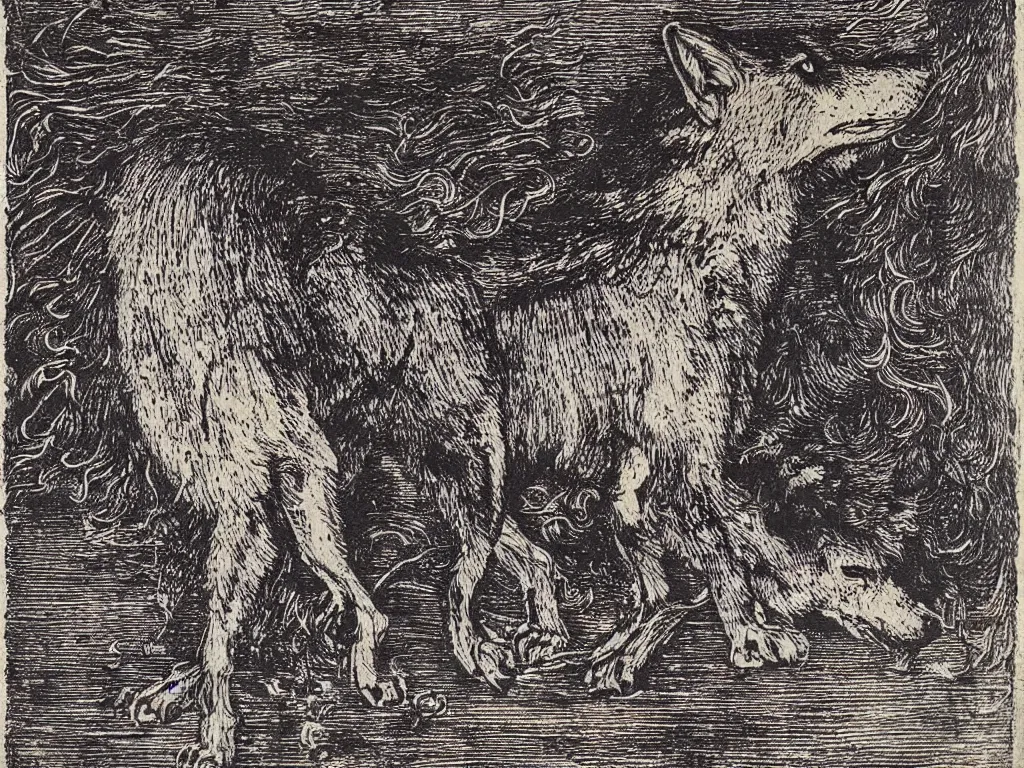 Prompt: wolf in heavy rainstorm. woodcut by albrecht durer, salvador dali