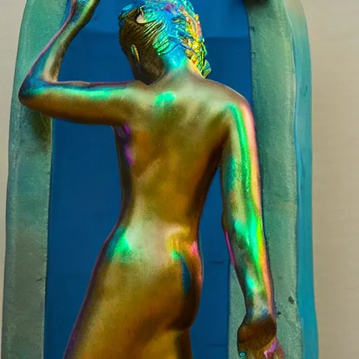 Prompt: An iridescent statue of a woman in a Philipenian city