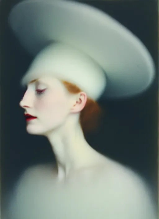 Image similar to out of focus photorealistic portrait of a beautiful pale young woman by sarah moon, very blurry, translucent white skin, closed eyes, foggy, closeup, with a weird hat