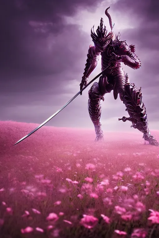 Prompt: illustration cinematic cyborg dragon yielding katana in a field of pale pink flowers, highly detailed smooth digital art masterpiece, vitaly bulgarov dramatic light, ground angle uhd 8 k, sharp focus