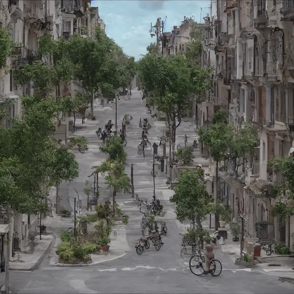 Image similar to a perfect street with no cars, houses designed by famous architect. bikes. cinematic, 8 k, inspirational.