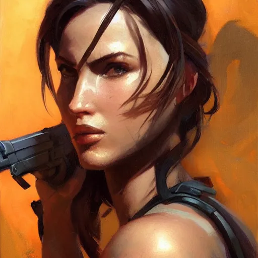 Image similar to greg manchess portrait painting of partially armored lara croft as overwatch character, close - up shot, asymmetrical, profile picture, organic painting, sunny day, matte painting, bold shapes, hard edges, street art, trending on artstation, by huang guangjian and gil elvgren and sachin teng