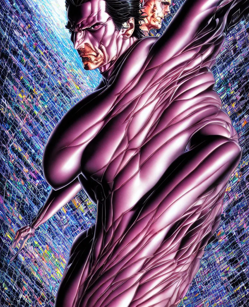 Image similar to realistic detailed image of ultra mega rainbow american psycho christian bale symmetrical depth perception masterpiece depth of field action horror gothic vivid colors art by yoshitaka amano by yukito kishiro by yoshiyuki sadamoto by artgerm by hajime sorayama