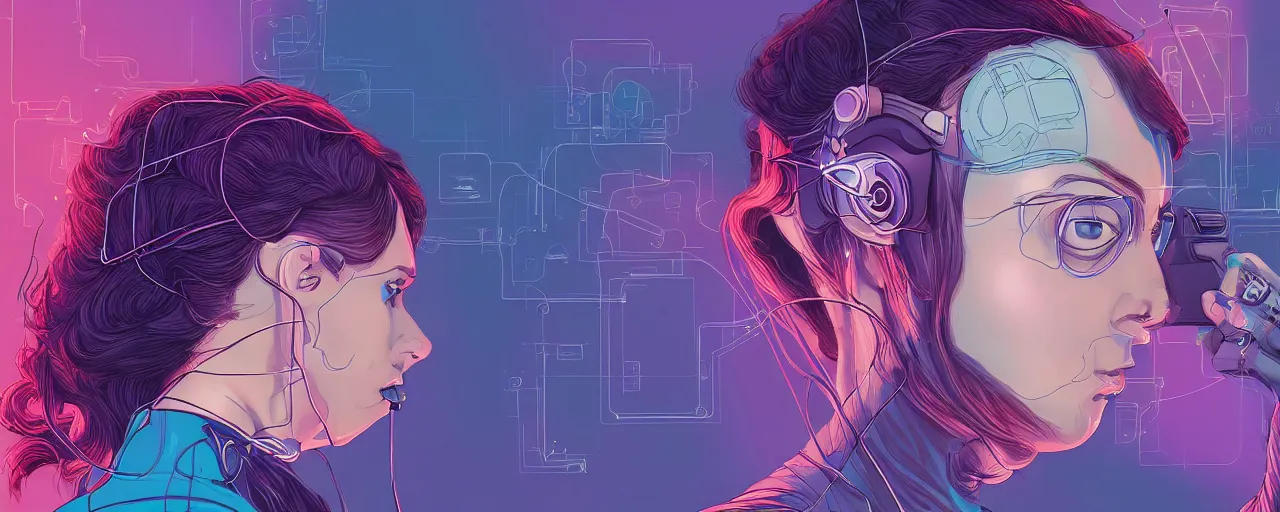 Image similar to A young woman with wires coming out of her head connecting to a computer, 4k wallpaper, digital art, deep colors, trending on arstation, by Victoria Rose, by Josan Gonzalez, by Juan Osorio