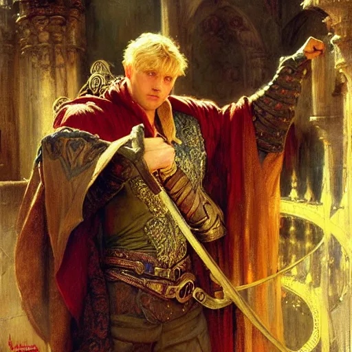 Image similar to handsome arthur pendragon in love with handsome merlin the mage. merlin is also in love with arthur. highly detailed painting by gaston bussiere, craig mullins, j. c. leyendecker