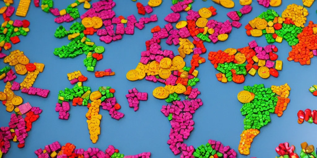Image similar to a world map made out of candy pieces
