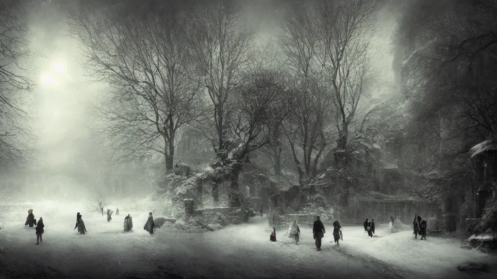 Image similar to the secret garden under heavy snow, surrounded by tall walls. andreas achenbach, artgerm, mikko lagerstedt, zack snyder, tokujin yoshioka