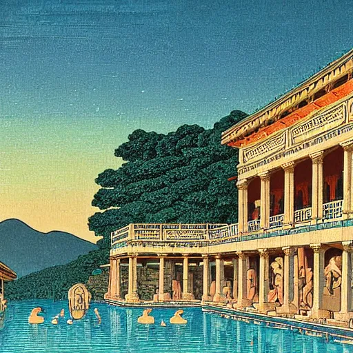 Prompt: a beautiful ancient bathhouse with bathing alien creatures surrounded by greek statues at sunset by hasui kawase