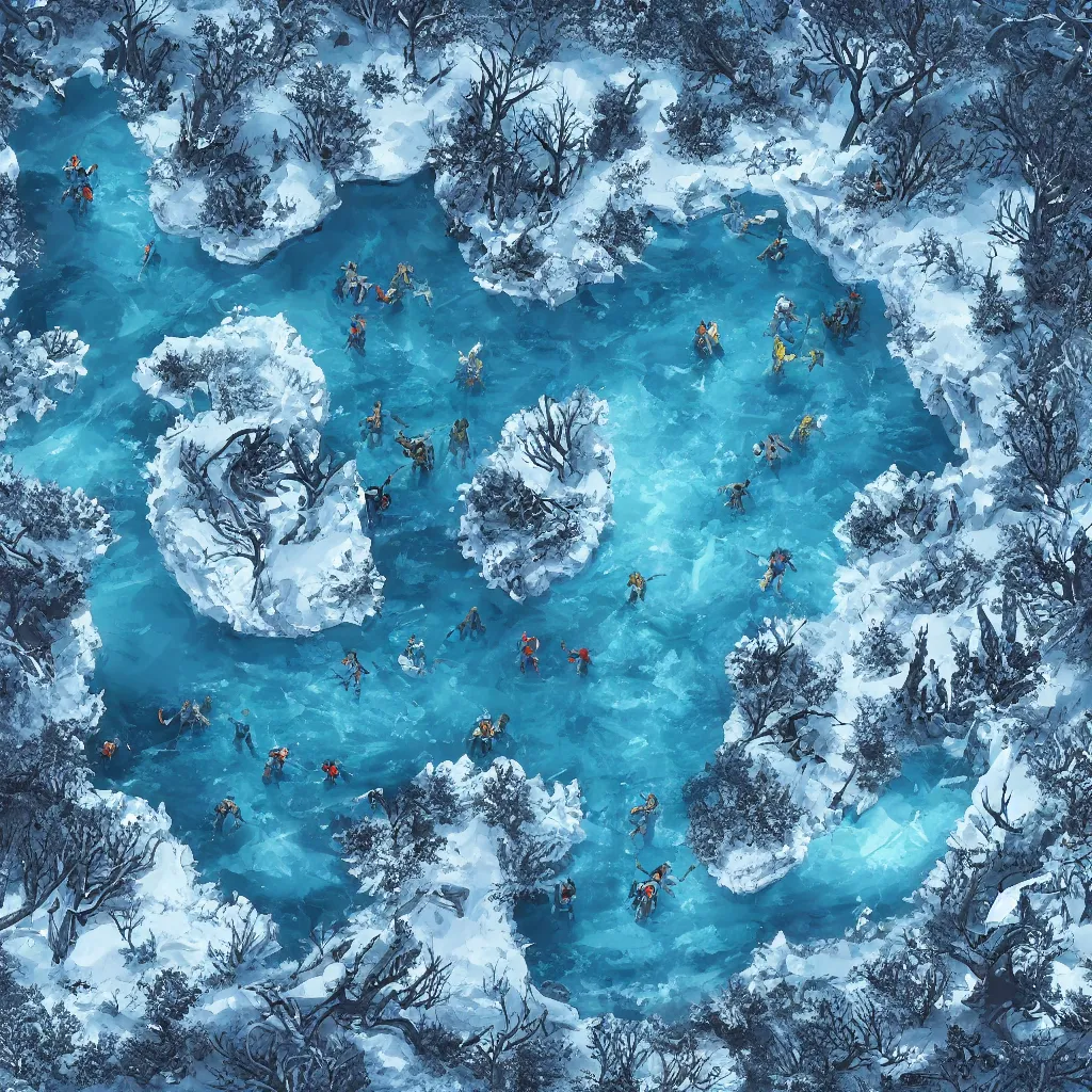 Image similar to a d & d background of a frozen lake with monsters beneath the ice, viewed from above, high quality digital art, gridless, vivid, blue tones, oil painting, trending on arstation, oil painting