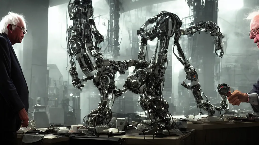 Image similar to bernie sanders putting the finishing touches on a complex magical clockwork doomsday robot, cinematic moody lighting, sharp focus, imax